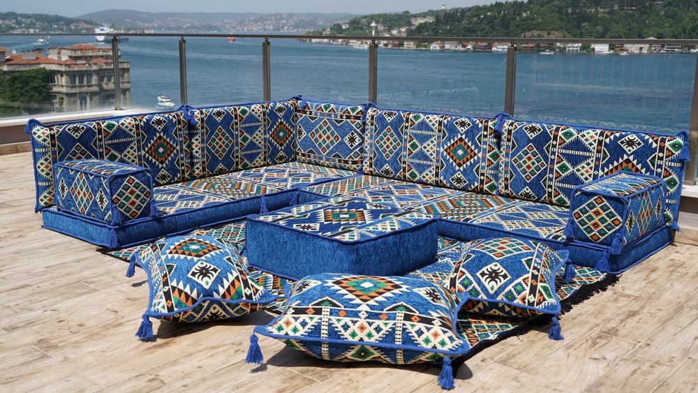 Royal Blue L Shaped Floor Couch, Sectional Sofa Set, Floor Pillow, Arabic Majlis, Moroccan Livingroom Cushion