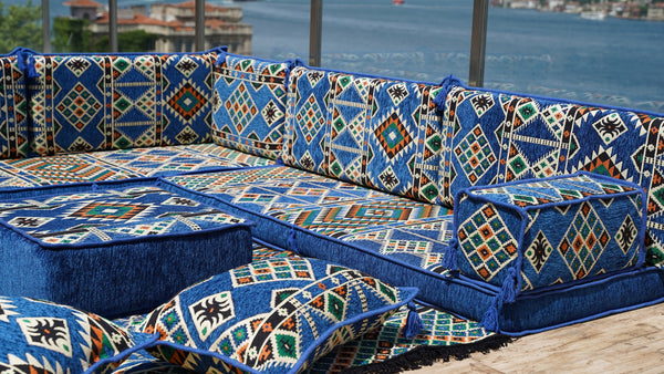 Royal Blue L Shaped Floor Couch, Sectional Sofa Set, Floor Pillow, Arabic Majlis, Moroccan Livingroom Cushion