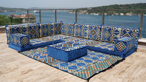 Royal Blue L Shaped Floor Couch, Sectional Sofa Set, Floor Pillow, Arabic Majlis, Moroccan Livingroom Cushion