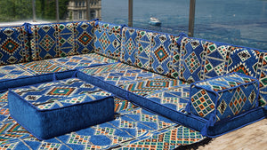 Royal Blue L Shaped Floor Couch, Sectional Sofa Set, Floor Pillow, Arabic Majlis, Moroccan Livingroom Cushion