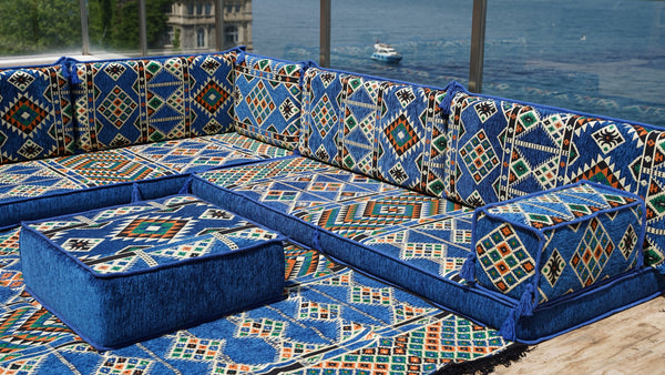 Royal Blue L Shaped Floor Couch, Sectional Sofa Set, Floor Pillow, Arabic Majlis, Moroccan Livingroom Cushion