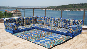Royal Blue L Shaped Floor Couch, Sectional Sofa Set, Floor Pillow, Arabic Majlis, Moroccan Livingroom Cushion