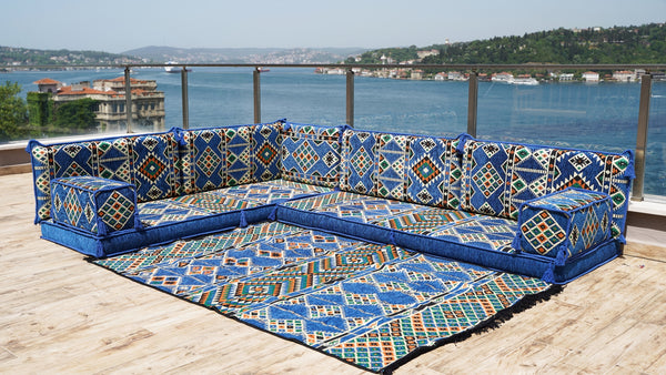 Royal Blue L Shaped Floor Couch, Sectional Sofa Set, Floor Pillow, Arabic Majlis, Moroccan Livingroom Cushion