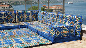 Royal Blue L Shaped Floor Couch, Sectional Sofa Set, Floor Pillow, Arabic Majlis, Moroccan Livingroom Cushion
