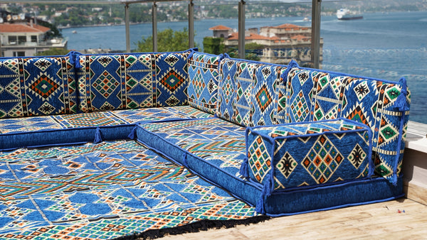 Royal Blue L Shaped Floor Couch, Sectional Sofa Set, Floor Pillow, Arabic Majlis, Moroccan Livingroom Cushion
