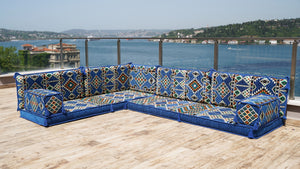 Royal Blue L Shaped Floor Couch, Sectional Sofa Set, Floor Pillow, Arabic Majlis, Moroccan Livingroom Cushion