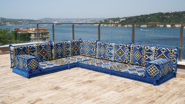Royal Blue L Shaped Floor Couch, Sectional Sofa Set, Floor Pillow, Arabic Majlis, Moroccan Livingroom Cushion