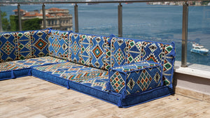 Royal Blue L Shaped Floor Couch, Sectional Sofa Set, Floor Pillow, Arabic Majlis, Moroccan Livingroom Cushion