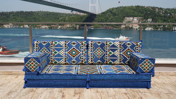 8'' Thickness Sofa Set, Royal Blue Arabic Majlis, Floor Couch, Reading Loveseats, Floor Seating Set, Moroccan Cushion