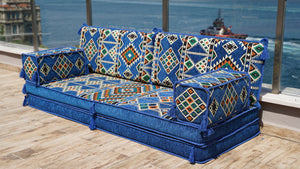 8'' Thickness Sofa Set, Royal Blue Arabic Majlis, Floor Couch, Reading Loveseats, Floor Seating Set, Moroccan Cushion