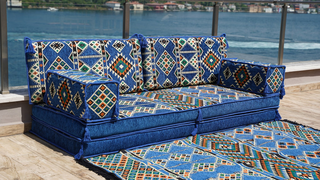 8 Thickness Floor Couches, Blue Arabic Floor Sofa Seating Set