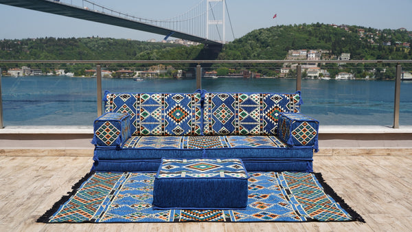 8'' Thickness Sofa Set, Royal Blue Arabic Majlis, Floor Couch, Reading Loveseats, Floor Seating Set, Moroccan Cushion