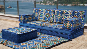 8'' Thickness Sofa Set, Royal Blue Arabic Majlis, Floor Couch, Reading Loveseats, Floor Seating Set, Moroccan Cushion