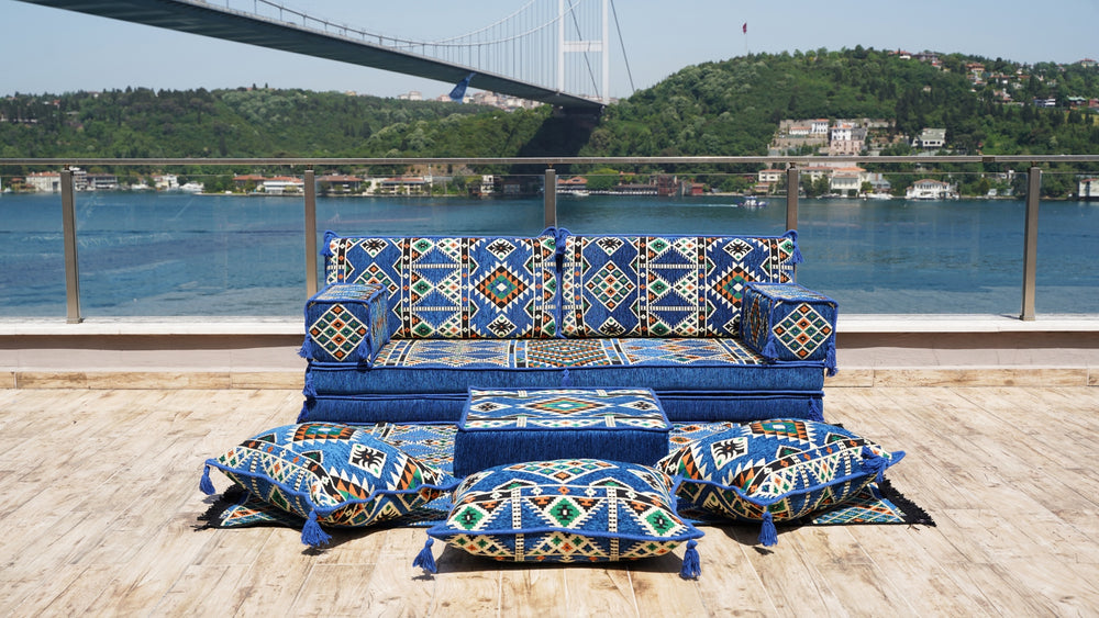 8'' Thickness Sofa Set, Royal Blue Arabic Majlis, Floor Couch, Reading Loveseats, Floor Seating Set, Moroccan Cushion