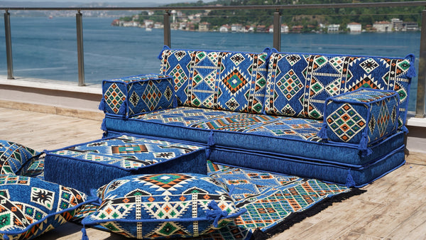 8'' Thickness Sofa Set, Royal Blue Arabic Majlis, Floor Couch, Reading Loveseats, Floor Seating Set, Moroccan Cushion