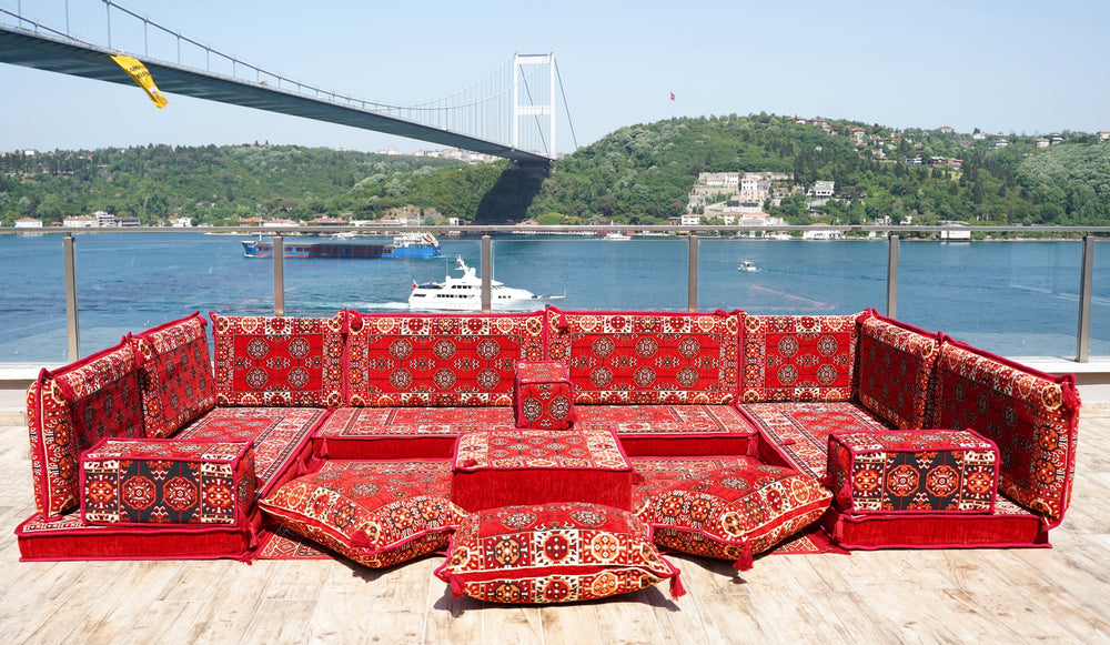 U Shaped Red Arabic Floor Sofa Set, Floor Cushions, Balcony Patio Sofas, Pallet Sofa, Ethnic Sofa, Moroccan Sofas