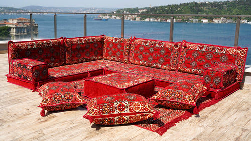 Red Floor Sofa Seating Set, Traditional Arabic Sofa Set, Oriental Floor Seating, Floor Cushions, Living Room Sofa