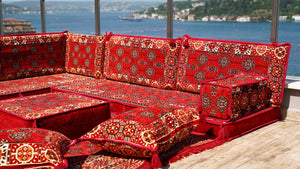 Red Floor Sofa Seating Set, Traditional Arabic Sofa Set, Oriental Floor Seating, Floor Cushions, Living Room Sofa