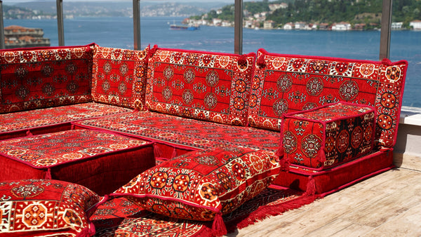 Red Floor Sofa Seating Set, Traditional Arabic Sofa Set, Oriental Floor Seating, Floor Cushions, Living Room Sofa