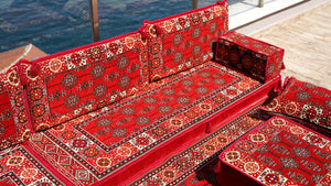 Red Floor Sofa Seating Set, Traditional Arabic Sofa Set, Oriental Floor Seating, Floor Cushions, Living Room Sofa