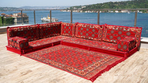 Red Floor Sofa Seating Set, Traditional Arabic Sofa Set, Oriental Floor Seating, Floor Cushions, Living Room Sofa