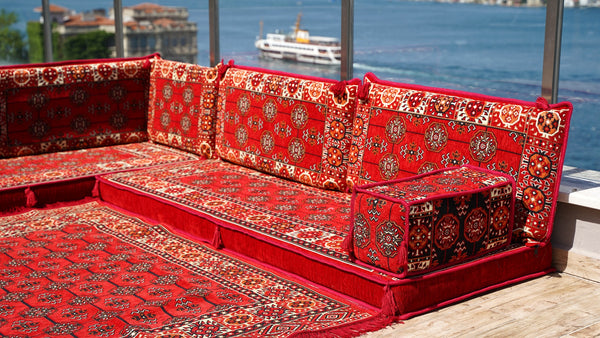 Red Floor Sofa Seating Set, Traditional Arabic Sofa Set, Oriental Floor Seating, Floor Cushions, Living Room Sofa
