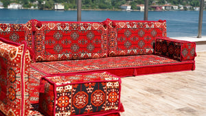 Red Floor Sofa Seating Set, Traditional Arabic Sofa Set, Oriental Floor Seating, Floor Cushions, Living Room Sofa