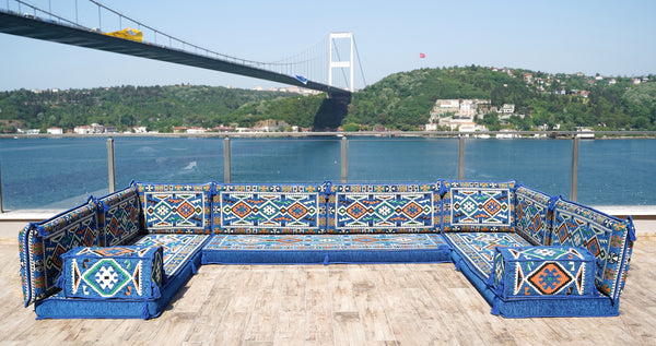 Arabic Sofa, Moroccan Sofa, Modular Cushion, Blue Garden Sofa Set, Bench Pillow Set, Corner U Shaped Sofa Set, Bohemian Furniture