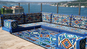 Arabic Sofa, Moroccan Sofa, Modular Cushion, Blue Garden Sofa Set, Bench Pillow Set, Corner U Shaped Sofa Set, Bohemian Furniture