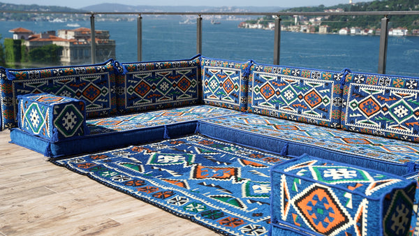 Arabic Sofa, Moroccan Sofa, Modular Cushion, Blue Garden Sofa Set, Bench Pillow Set, Corner U Shaped Sofa Set, Bohemian Furniture
