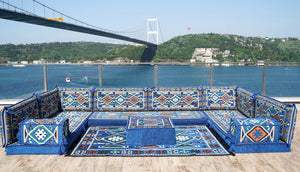 Arabic Sofa, Moroccan Sofa, Modular Cushion, Blue Garden Sofa Set, Bench Pillow Set, Corner U Shaped Sofa Set, Bohemian Furniture