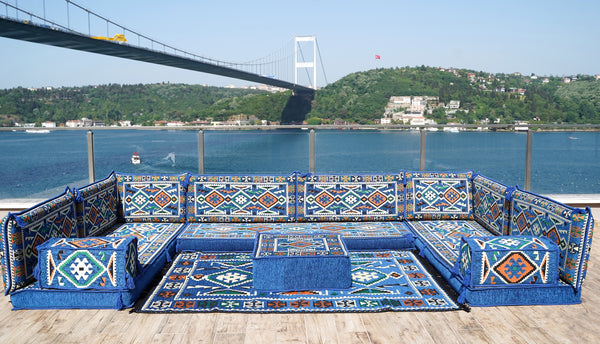 Arabic Sofa, Moroccan Sofa, Modular Cushion, Blue Garden Sofa Set, Bench Pillow Set, Corner U Shaped Sofa Set, Bohemian Furniture