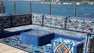 Arabic Sofa, Moroccan Sofa, Modular Cushion, Blue Garden Sofa Set, Bench Pillow Set, Corner U Shaped Sofa Set, Bohemian Furniture