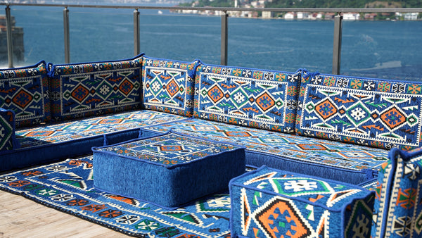Arabic Sofa, Moroccan Sofa, Modular Cushion, Blue Garden Sofa Set, Bench Pillow Set, Corner U Shaped Sofa Set, Bohemian Furniture