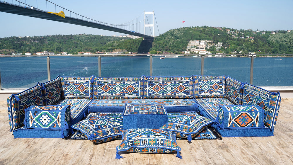 Arabic Sofa, Moroccan Sofa, Modular Cushion, Blue Garden Sofa Set, Bench Pillow Set, Corner U Shaped Sofa Set, Bohemian Furniture