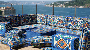 Arabic Sofa, Moroccan Sofa, Modular Cushion, Blue Garden Sofa Set, Bench Pillow Set, Corner U Shaped Sofa Set, Bohemian Furniture