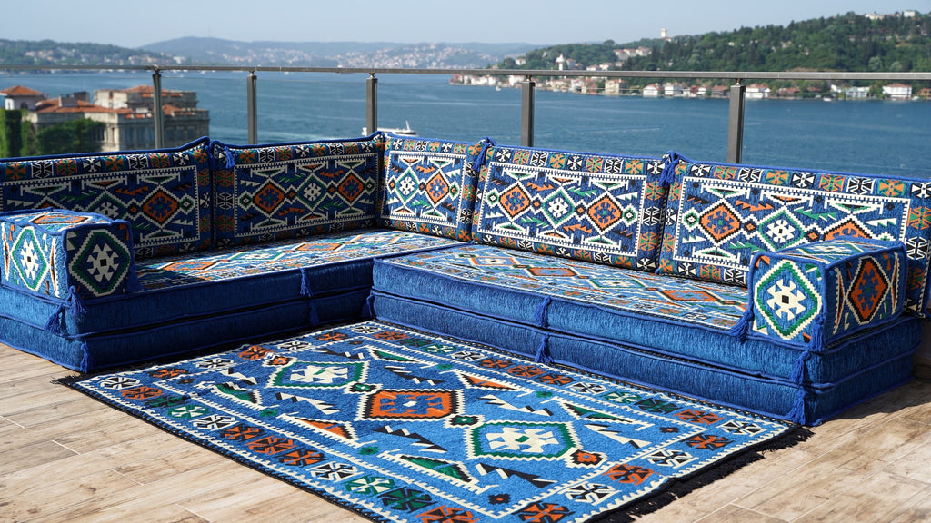 8 Thickness Floor Couches, Blue Arabic Floor Sofa Seating Set
