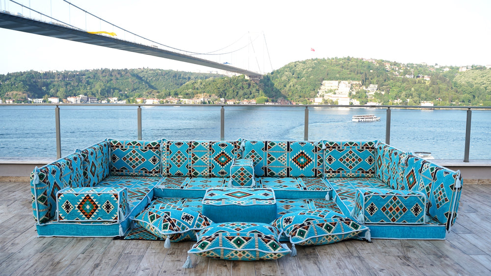 Light Blue U Shaped Sectional Sofas, Floor Cushions, Arabic Floor Sofa Set, Garden Pallet Sofa, Arabic Majlis