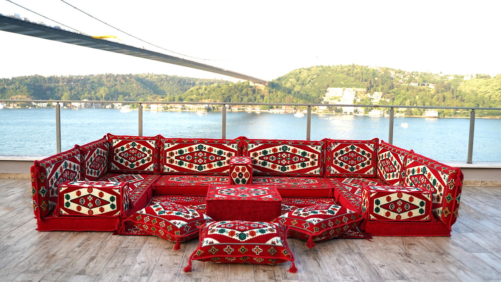 Red Color U Shaped Arabic Sofa Set, Arabic Majlis, Turkish Floor Seating Set, Oriental Floor Couches