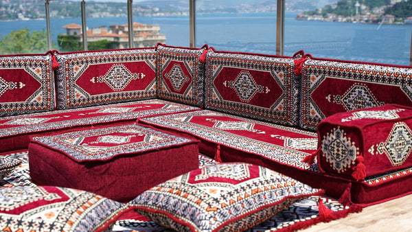 Maroon L Shaped Sectional Sofas, Arabic Sofa Set, Terrace Pallet Sofa, Floor Cushions, Arabic Majlis, Pouffs