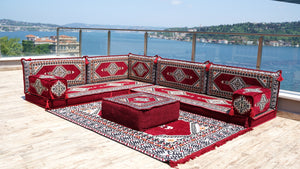 Maroon L Shaped Sectional Sofas, Arabic Sofa Set, Terrace Pallet Sofa, Floor Cushions, Arabic Majlis, Pouffs