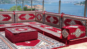 Maroon L Shaped Sectional Sofas, Arabic Sofa Set, Terrace Pallet Sofa, Floor Cushions, Arabic Majlis, Pouffs