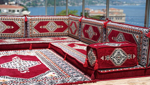 Maroon L Shaped Sectional Sofas, Arabic Sofa Set, Terrace Pallet Sofa, Floor Cushions, Arabic Majlis, Pouffs