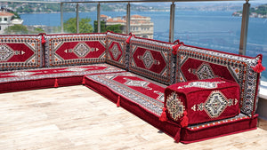 Maroon L Shaped Sectional Sofas, Arabic Sofa Set, Terrace Pallet Sofa, Floor Cushions, Arabic Majlis, Pouffs