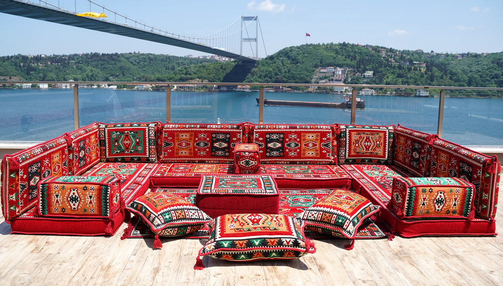 U Shaped Red Arabic Sofa Set, Oriental Floor Couches, Floor Sofas, Red Color Floor Cushions, Arabic Majlis, Turkish Floor Seating