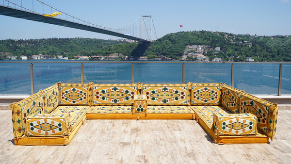 Yellow Color U Shaped Arabic Sofa Set, Arabic Majlis, Turkish Floor Seating Set, Oriental Floor Couches, Indoor Floor Sofas