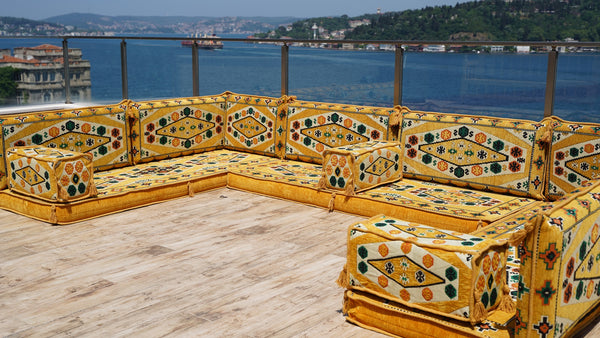 Yellow Color U Shaped Arabic Sofa Set, Arabic Majlis, Turkish Floor Seating Set, Oriental Floor Couches, Indoor Floor Sofas
