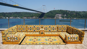 Yellow Color U Shaped Arabic Sofa Set, Arabic Majlis, Turkish Floor Seating Set, Oriental Floor Couches, Indoor Floor Sofas