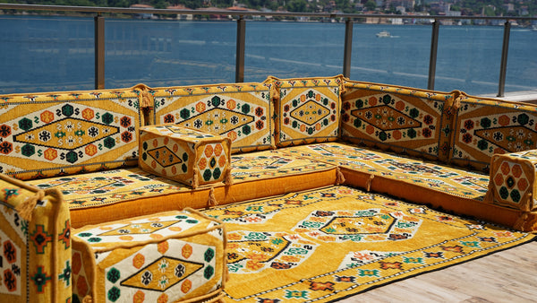Yellow Color U Shaped Arabic Sofa Set, Arabic Majlis, Turkish Floor Seating Set, Oriental Floor Couches, Indoor Floor Sofas