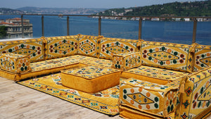 Yellow Color U Shaped Arabic Sofa Set, Arabic Majlis, Turkish Floor Seating Set, Oriental Floor Couches, Indoor Floor Sofas